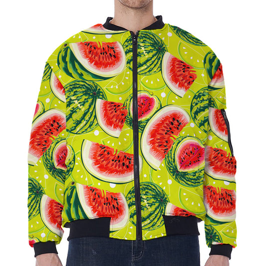 Lime Green Watermelon Pattern Print Zip Sleeve Bomber Jacket