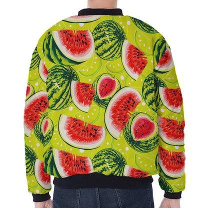 Lime Green Watermelon Pattern Print Zip Sleeve Bomber Jacket