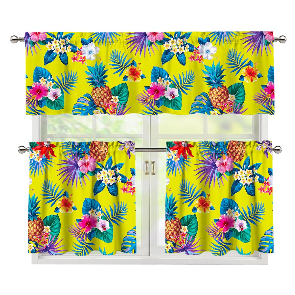 Lime Hawaiian Pineapple Pattern Print 3 Piece Kitchen Curtains