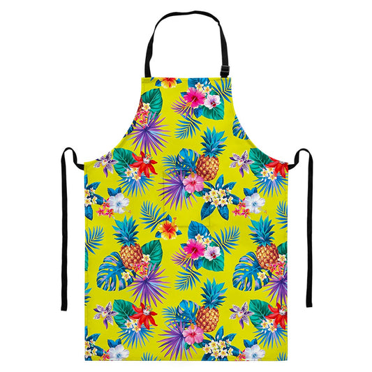Lime Hawaiian Pineapple Pattern Print Bib Apron With Pocket