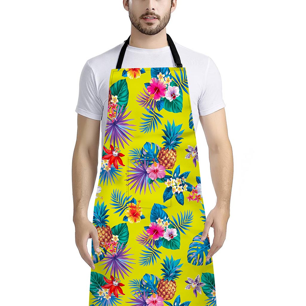 Lime Hawaiian Pineapple Pattern Print Bib Apron With Pocket