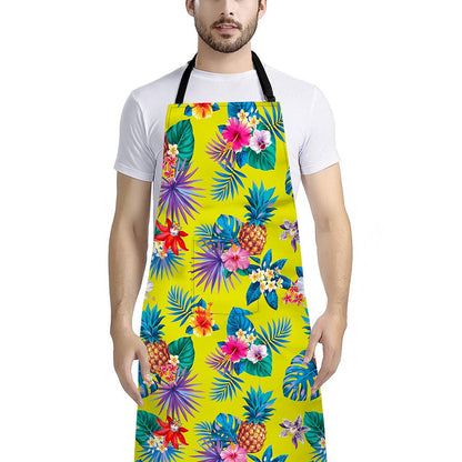 Lime Hawaiian Pineapple Pattern Print Bib Apron With Pocket