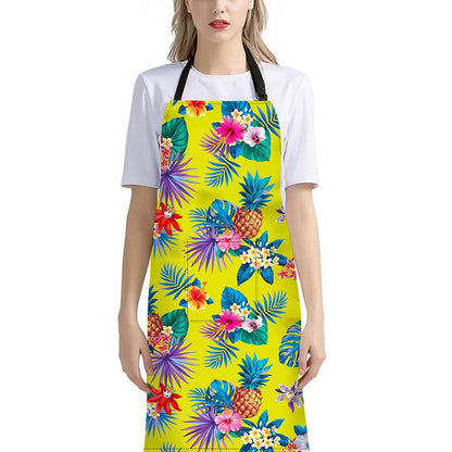 Lime Hawaiian Pineapple Pattern Print Bib Apron With Pocket