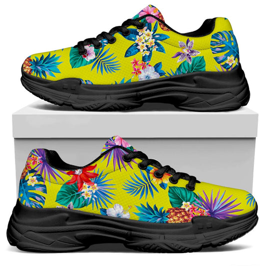 Lime Hawaiian Pineapple Pattern Print Black Chunky Shoes