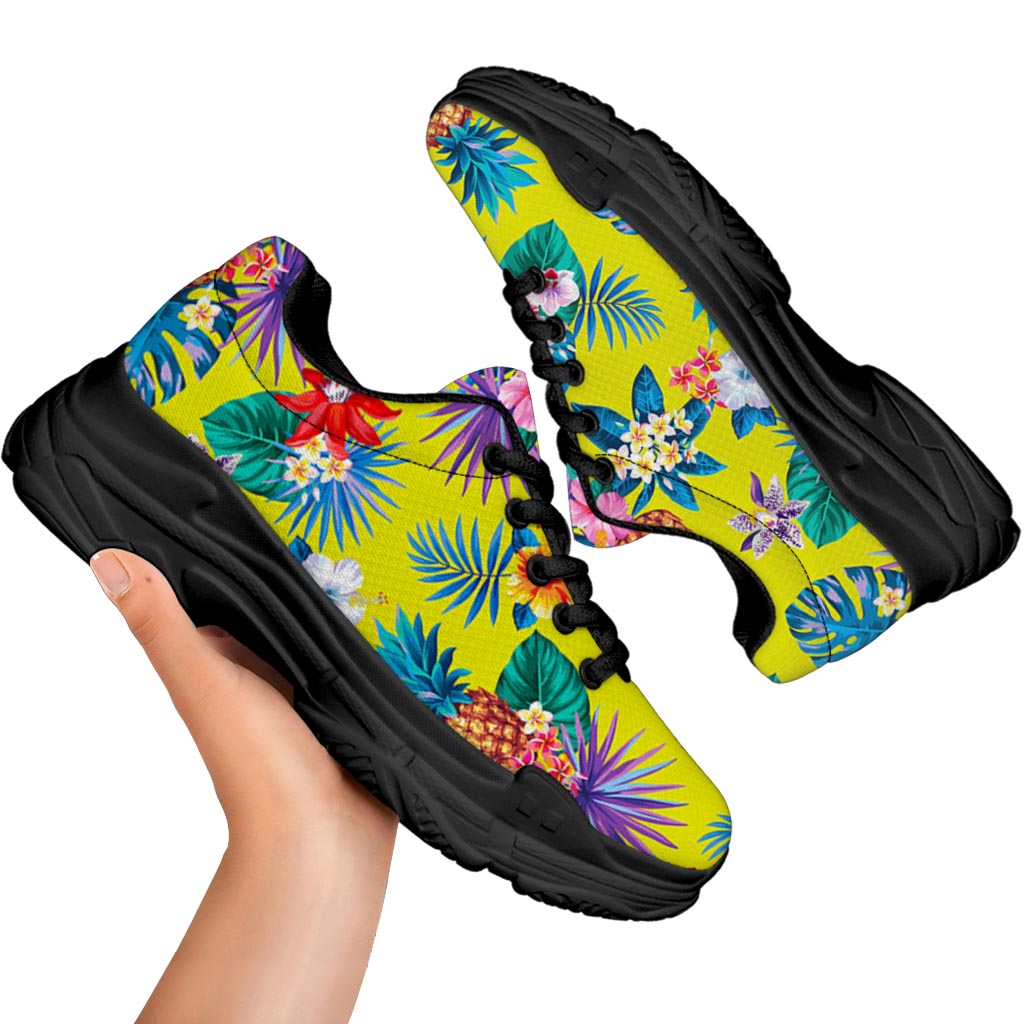 Lime Hawaiian Pineapple Pattern Print Black Chunky Shoes