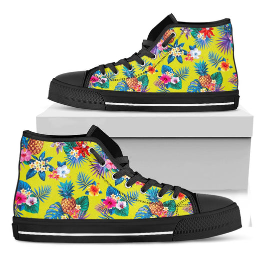 Lime Hawaiian Pineapple Pattern Print Black High Top Sneakers