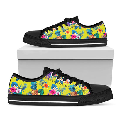 Lime Hawaiian Pineapple Pattern Print Black Low Top Sneakers