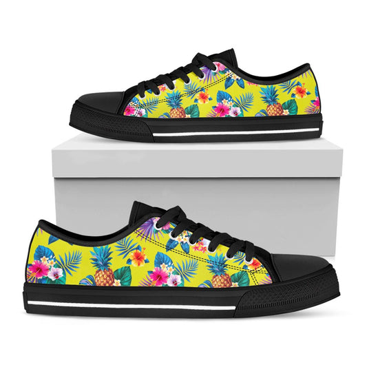 Lime Hawaiian Pineapple Pattern Print Black Low Top Sneakers