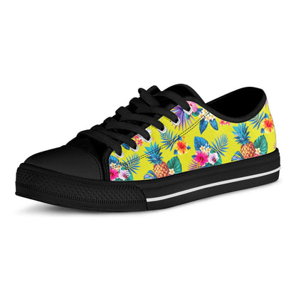 Lime Hawaiian Pineapple Pattern Print Black Low Top Sneakers