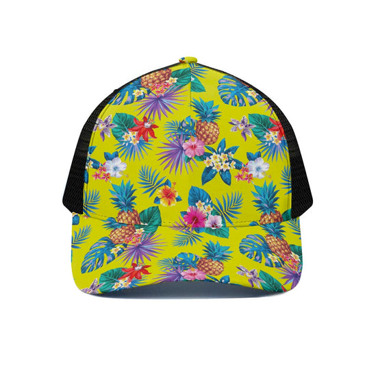 Lime Hawaiian Pineapple Pattern Print Black Mesh Trucker Cap