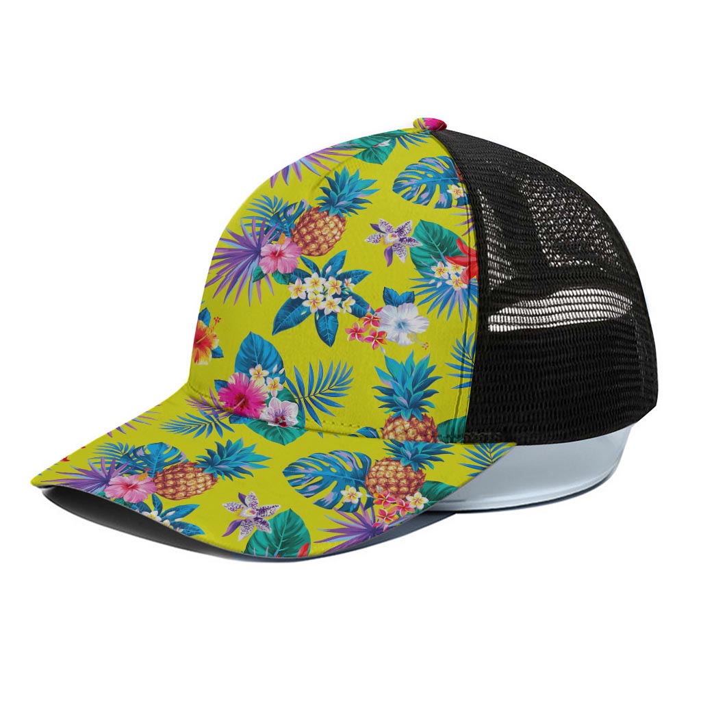 Lime Hawaiian Pineapple Pattern Print Black Mesh Trucker Cap