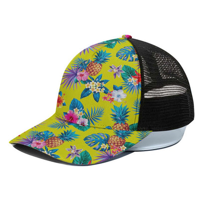 Lime Hawaiian Pineapple Pattern Print Black Mesh Trucker Cap