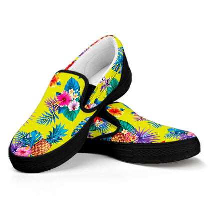 Lime Hawaiian Pineapple Pattern Print Black Slip On Sneakers