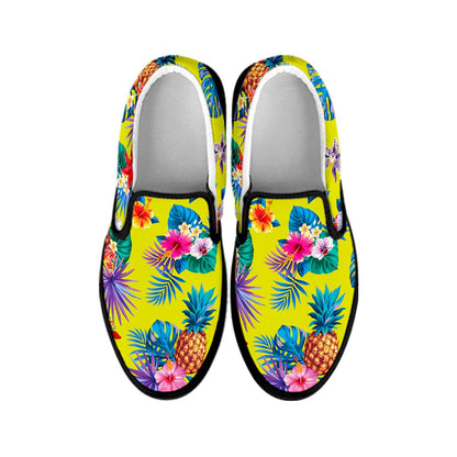 Lime Hawaiian Pineapple Pattern Print Black Slip On Sneakers