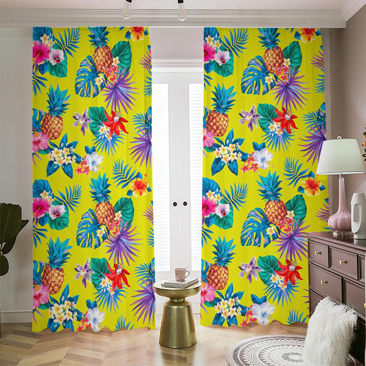 Lime Hawaiian Pineapple Pattern Print Blackout Pencil Pleat Curtains