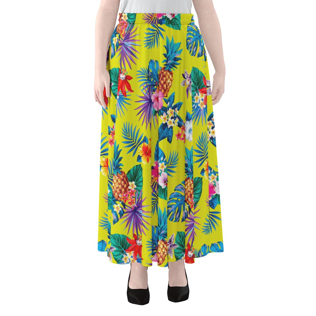 Lime Hawaiian Pineapple Pattern Print Chiffon Maxi Skirt