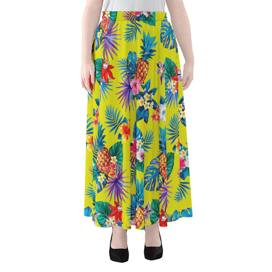 Lime Hawaiian Pineapple Pattern Print Chiffon Maxi Skirt