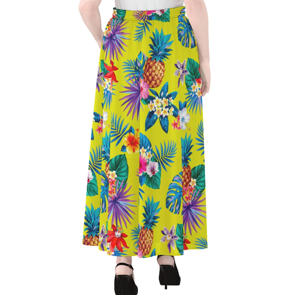 Lime Hawaiian Pineapple Pattern Print Chiffon Maxi Skirt