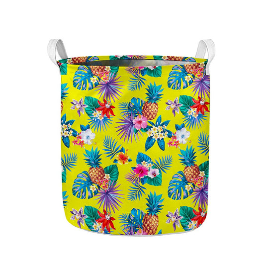 Lime Hawaiian Pineapple Pattern Print Collapsible Laundry Basket
