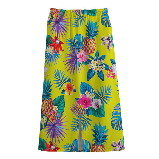 Lime Hawaiian Pineapple Pattern Print Cotton Front Slit Maxi Skirt