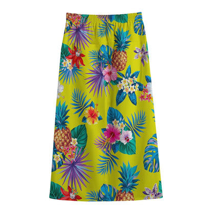 Lime Hawaiian Pineapple Pattern Print Cotton Front Slit Maxi Skirt