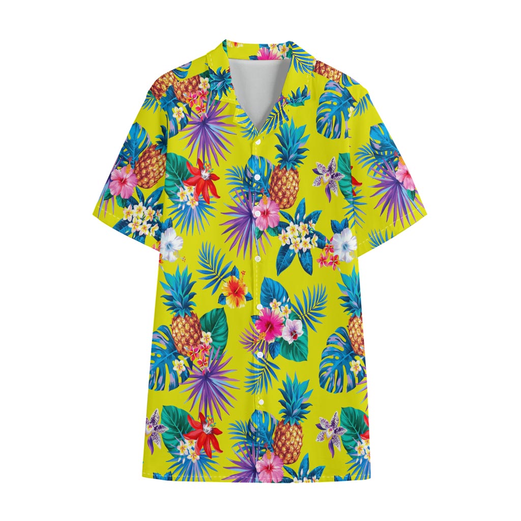 Lime Hawaiian Pineapple Pattern Print Cotton Hawaiian Shirt