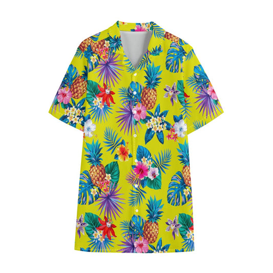 Lime Hawaiian Pineapple Pattern Print Cotton Hawaiian Shirt