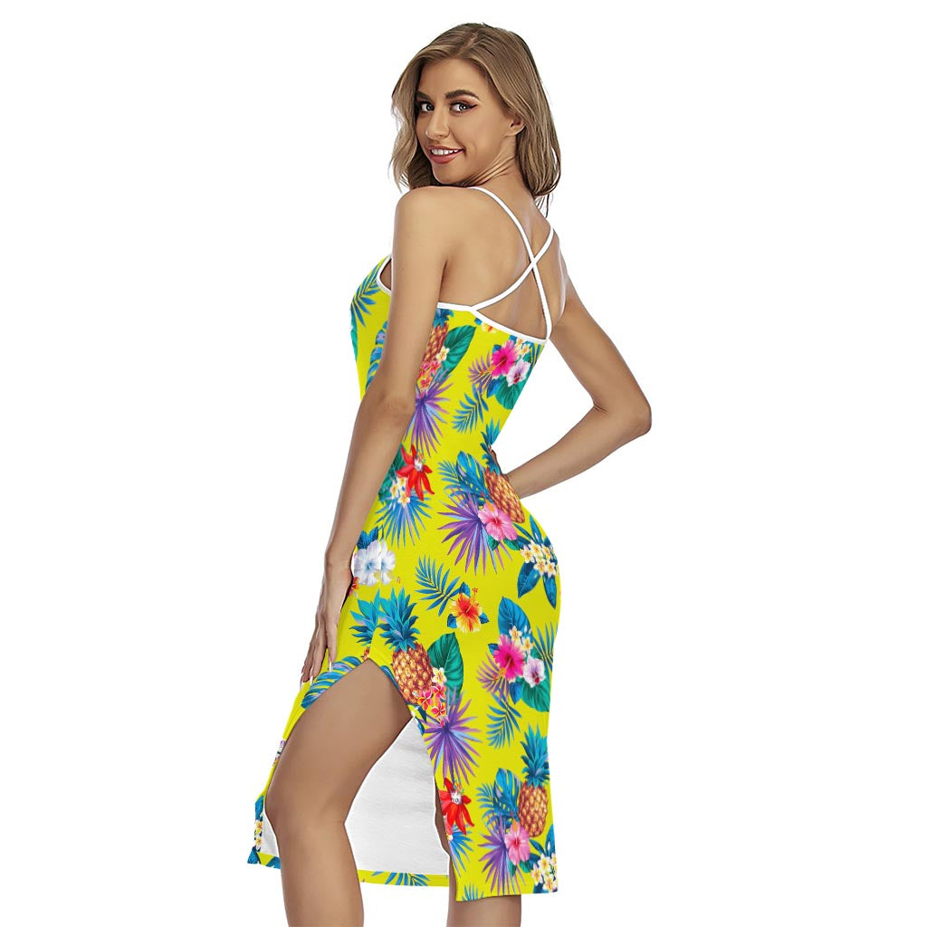 Lime Hawaiian Pineapple Pattern Print Cross Back Cami Dress
