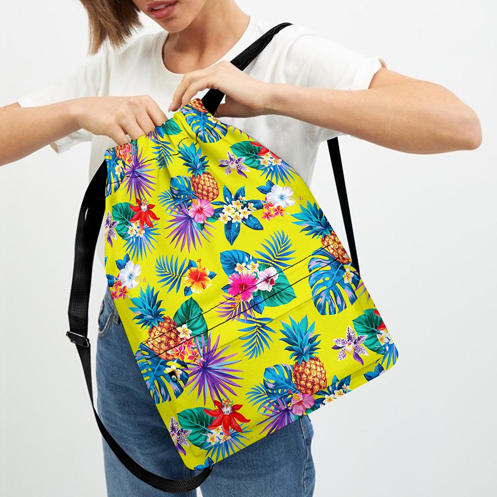 Lime Hawaiian Pineapple Pattern Print Drawstring Backpack
