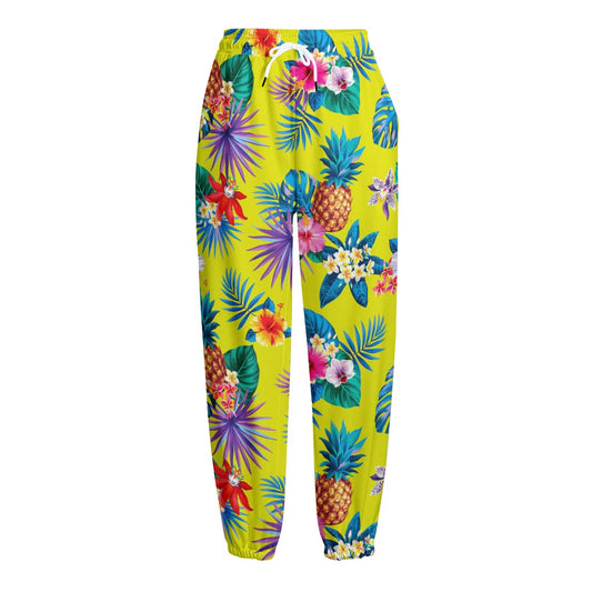 Lime Hawaiian Pineapple Pattern Print Fleece Lined Knit Pants