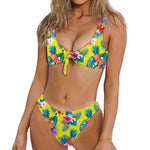 Lime Hawaiian Pineapple Pattern Print Front Bow Tie Bikini