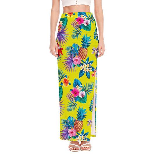 Lime Hawaiian Pineapple Pattern Print High Slit Maxi Skirt