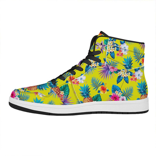 Lime Hawaiian Pineapple Pattern Print High Top Leather Sneakers