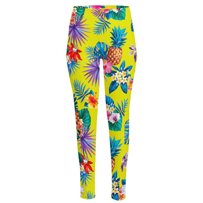 Lime Hawaiian Pineapple Pattern Print High-Waisted Pocket Leggings