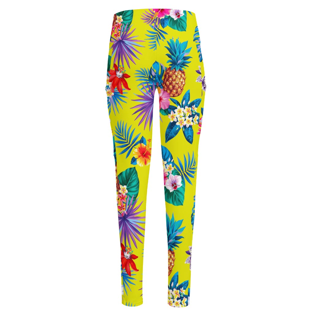 Lime Hawaiian Pineapple Pattern Print High-Waisted Pocket Leggings