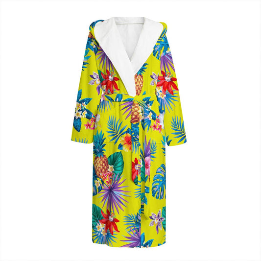 Lime Hawaiian Pineapple Pattern Print Hooded Bathrobe
