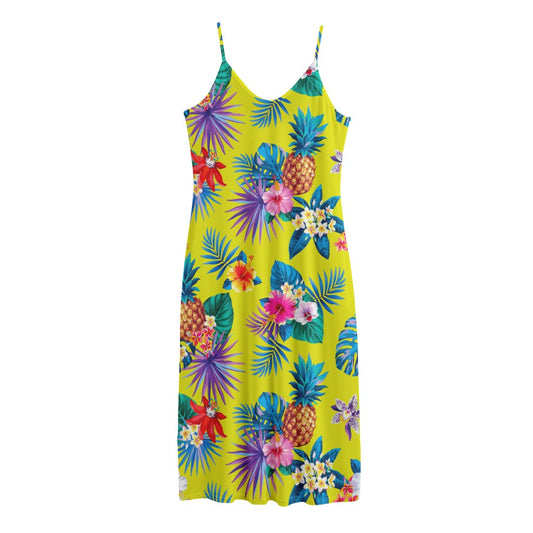 Lime Hawaiian Pineapple Pattern Print Jersey Midi Cami Dress