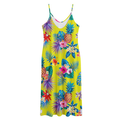 Lime Hawaiian Pineapple Pattern Print Jersey Midi Cami Dress