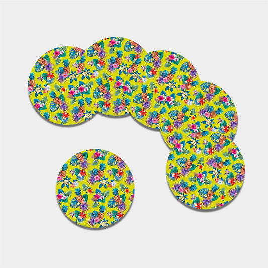 Lime Hawaiian Pineapple Pattern Print Leather Coaster Set
