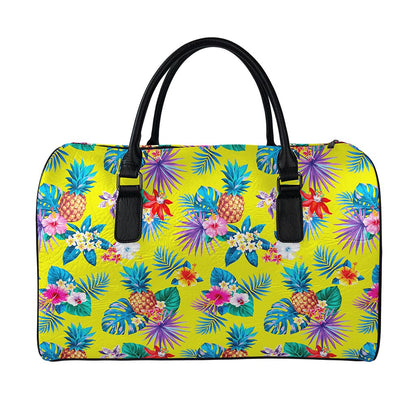 Lime Hawaiian Pineapple Pattern Print Leather Duffle Bag