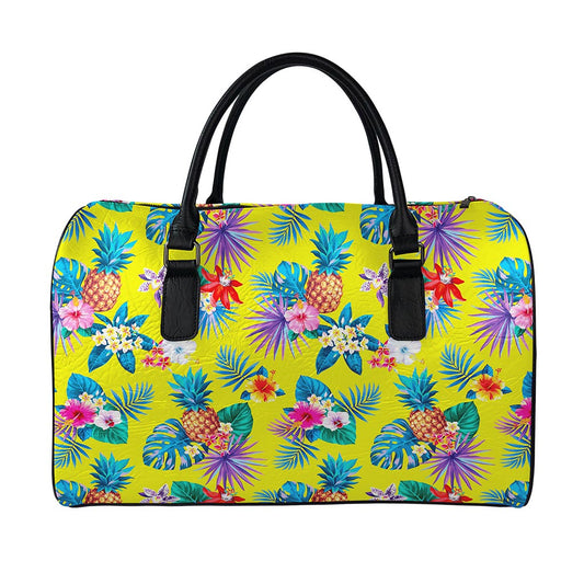 Lime Hawaiian Pineapple Pattern Print Leather Duffle Bag