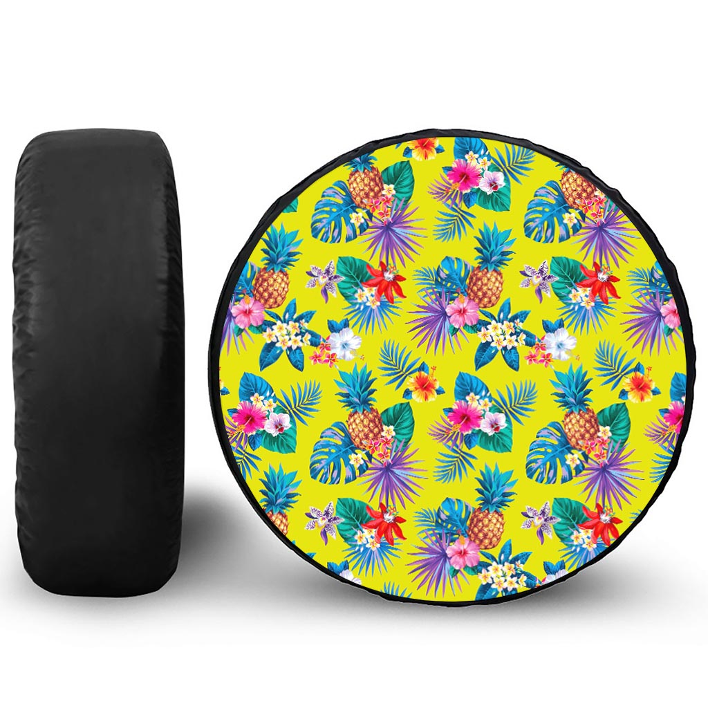 Lime Hawaiian Pineapple Pattern Print Leather Spare Tire Cover