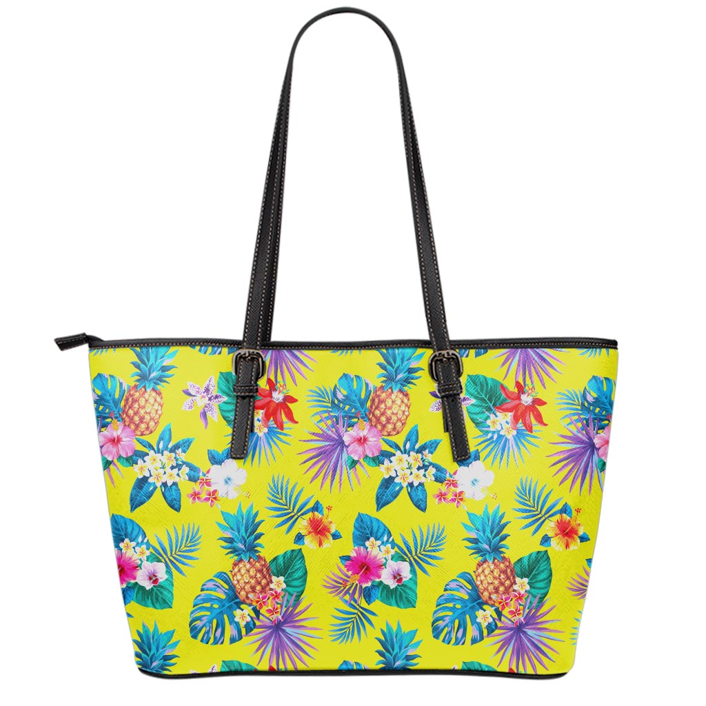 Lime Hawaiian Pineapple Pattern Print Leather Tote Bag