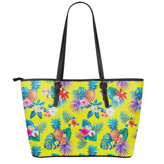 Lime Hawaiian Pineapple Pattern Print Leather Tote Bag