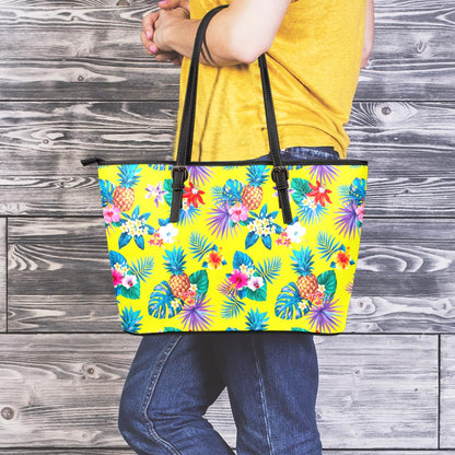 Lime Hawaiian Pineapple Pattern Print Leather Tote Bag