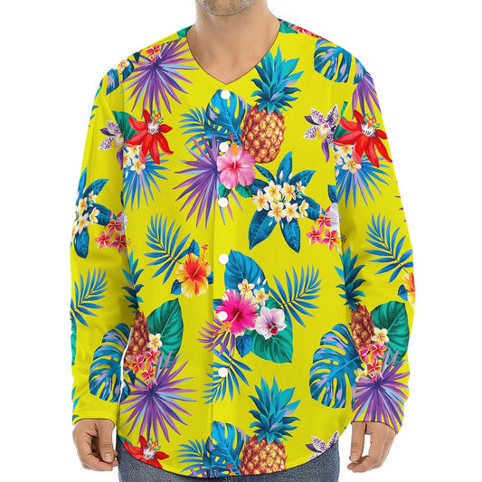Lime Hawaiian Pineapple Pattern Print Long Sleeve Baseball Jersey