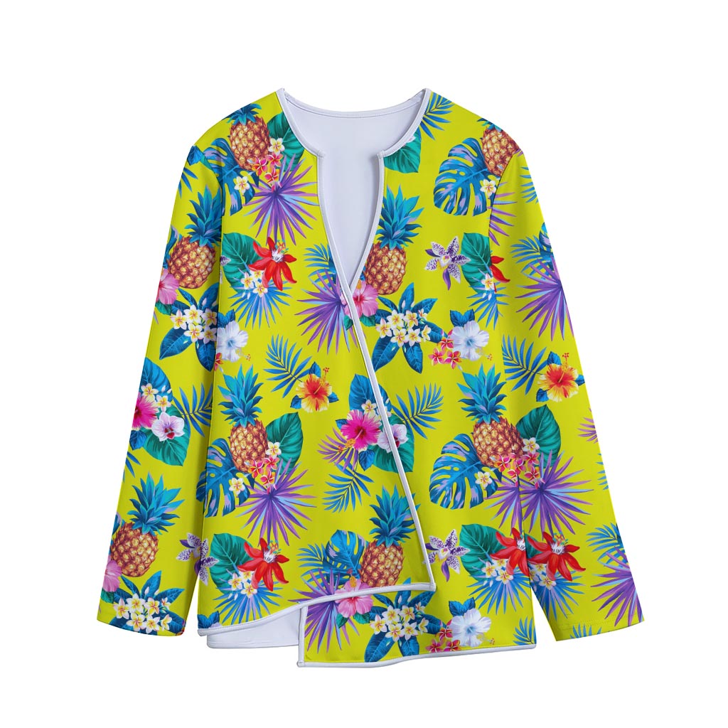 Lime Hawaiian Pineapple Pattern Print Long Sleeve Short Coat