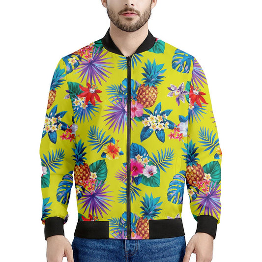 Lime Hawaiian Pineapple Pattern Print Men's Bomber Jacket