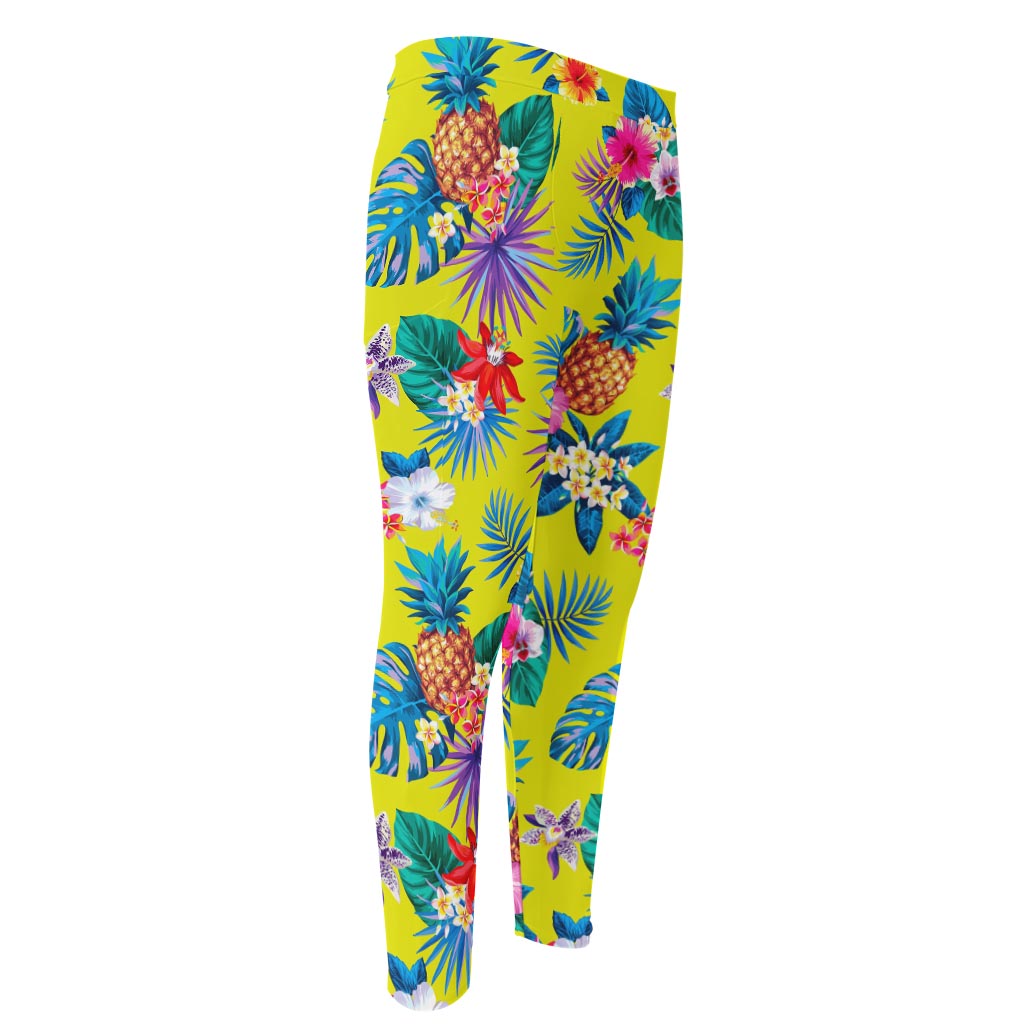 Lime Hawaiian Pineapple Pattern Print Men's Compression Pants