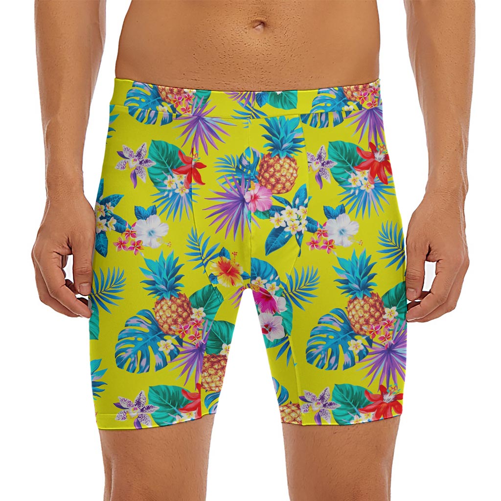 Lime Hawaiian Pineapple Pattern Print Men's Long Boxer Briefs